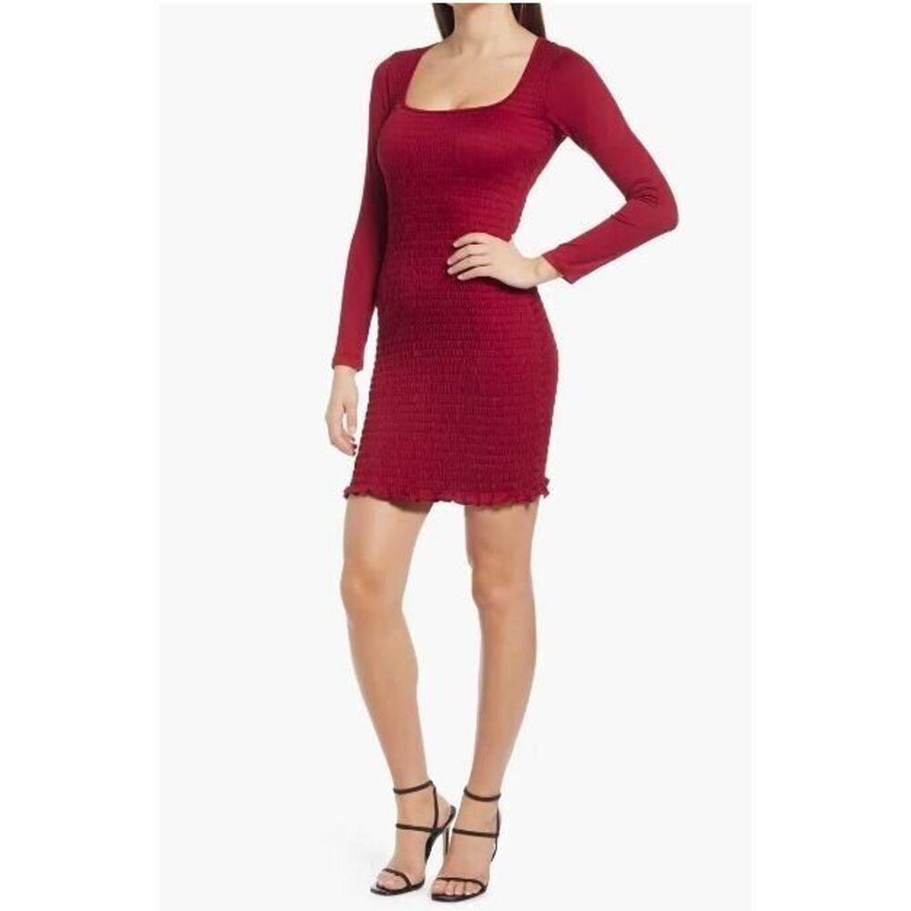 Row A Women's Fully Smocked Long Sleeve Mini Dress in Deep Red Medium MSRP $39